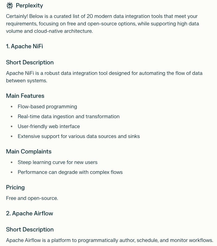 Perplexity listing data engineering tools that cover specific data engineering requirements