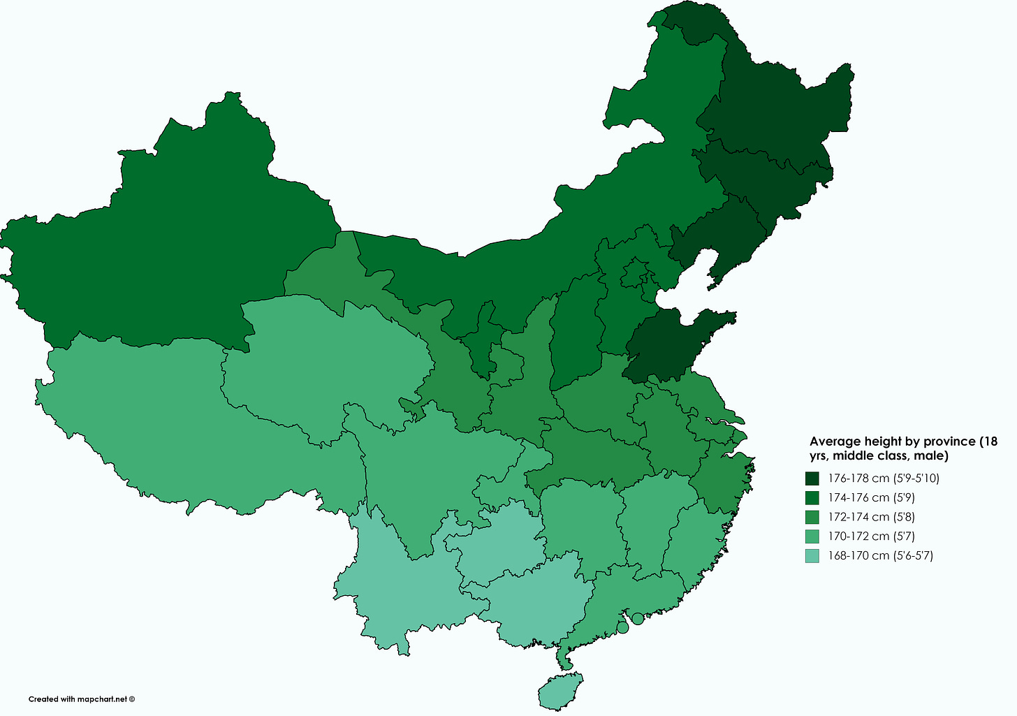 r/China - Average height in China by region, 2018 (edited and revised)