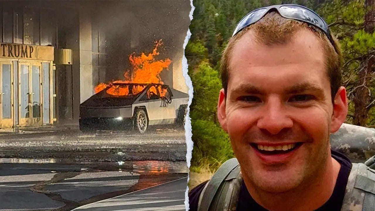 A person smiling next to a car on fire

Description automatically generated