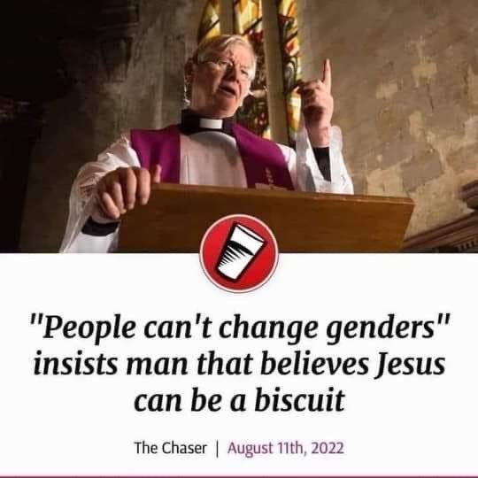 Priest lecturing in front of a stained glass window with caption "people can't change genders - insists man that believes jesus can be a biscuit"