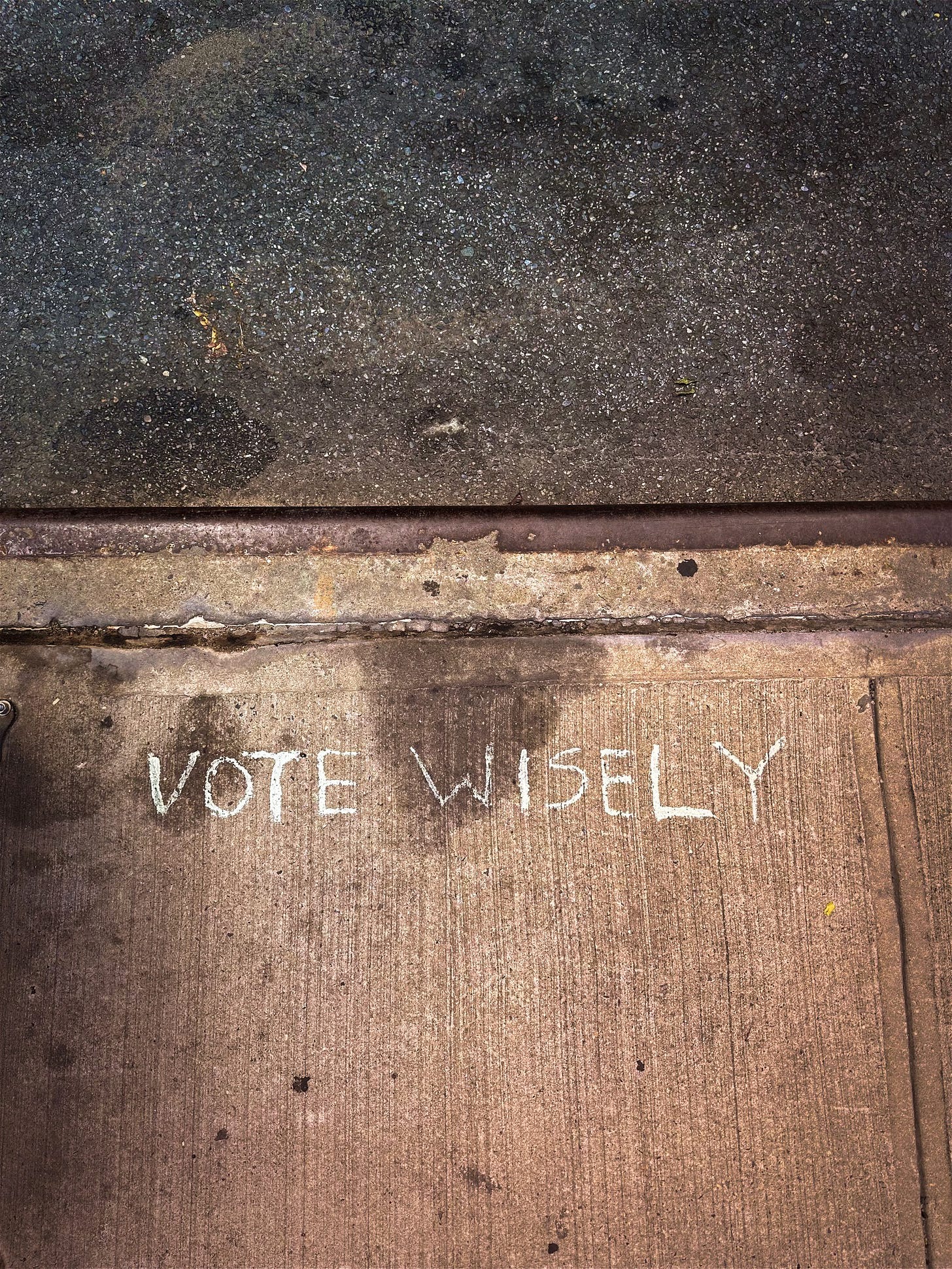 The words VOTE WISELY have been written on a sidewalk near the curb