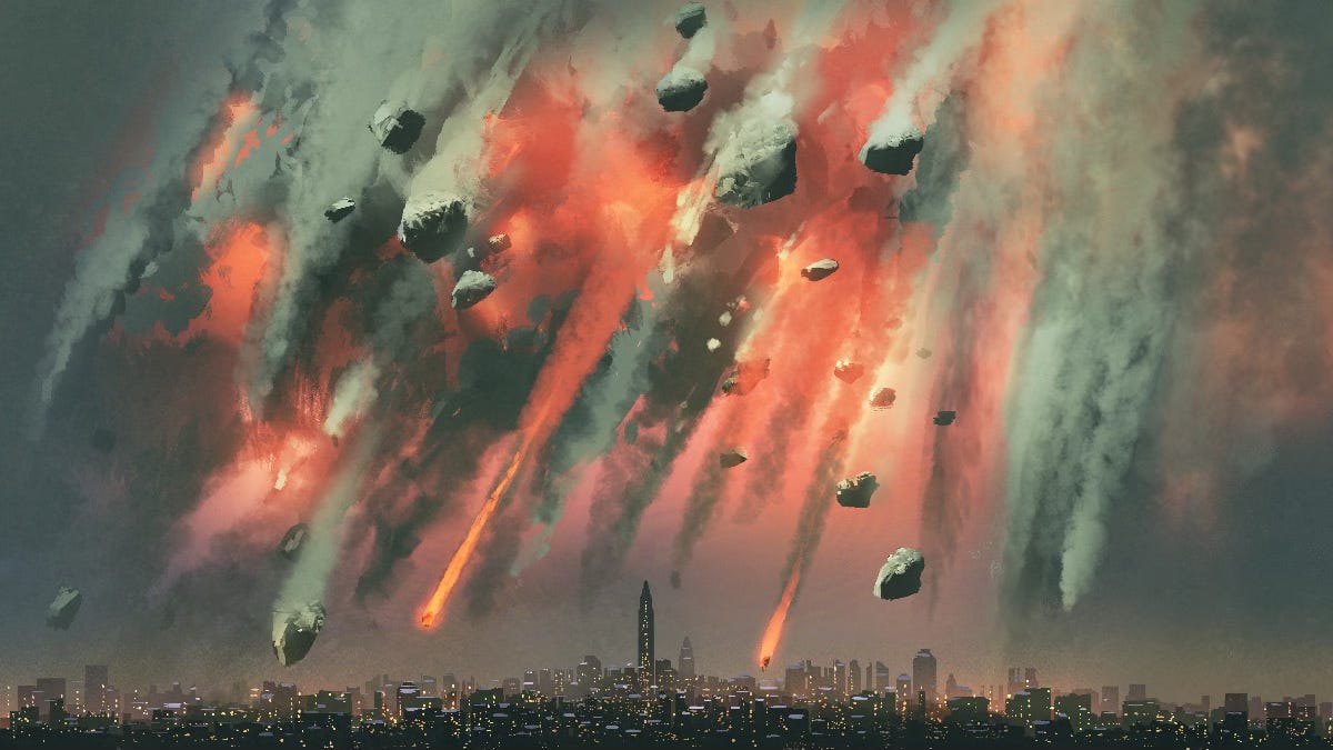 sci-fi scene of the meteorites explodes in the sky above the city
