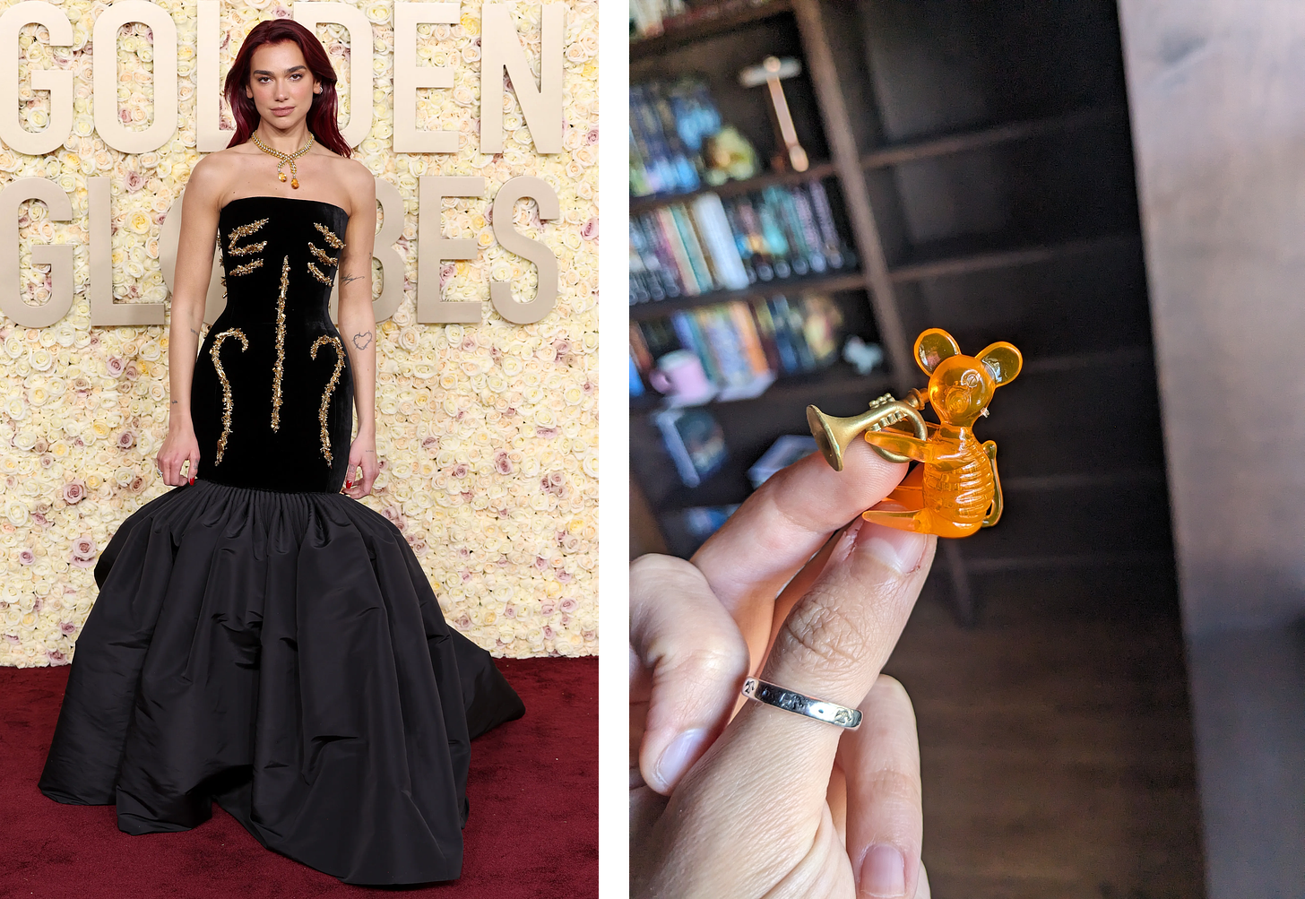 Left: Dua Lipa in a black dress that kinda looks like a cello. Right: Clear plastic orange mouse holding a gold trumpet.