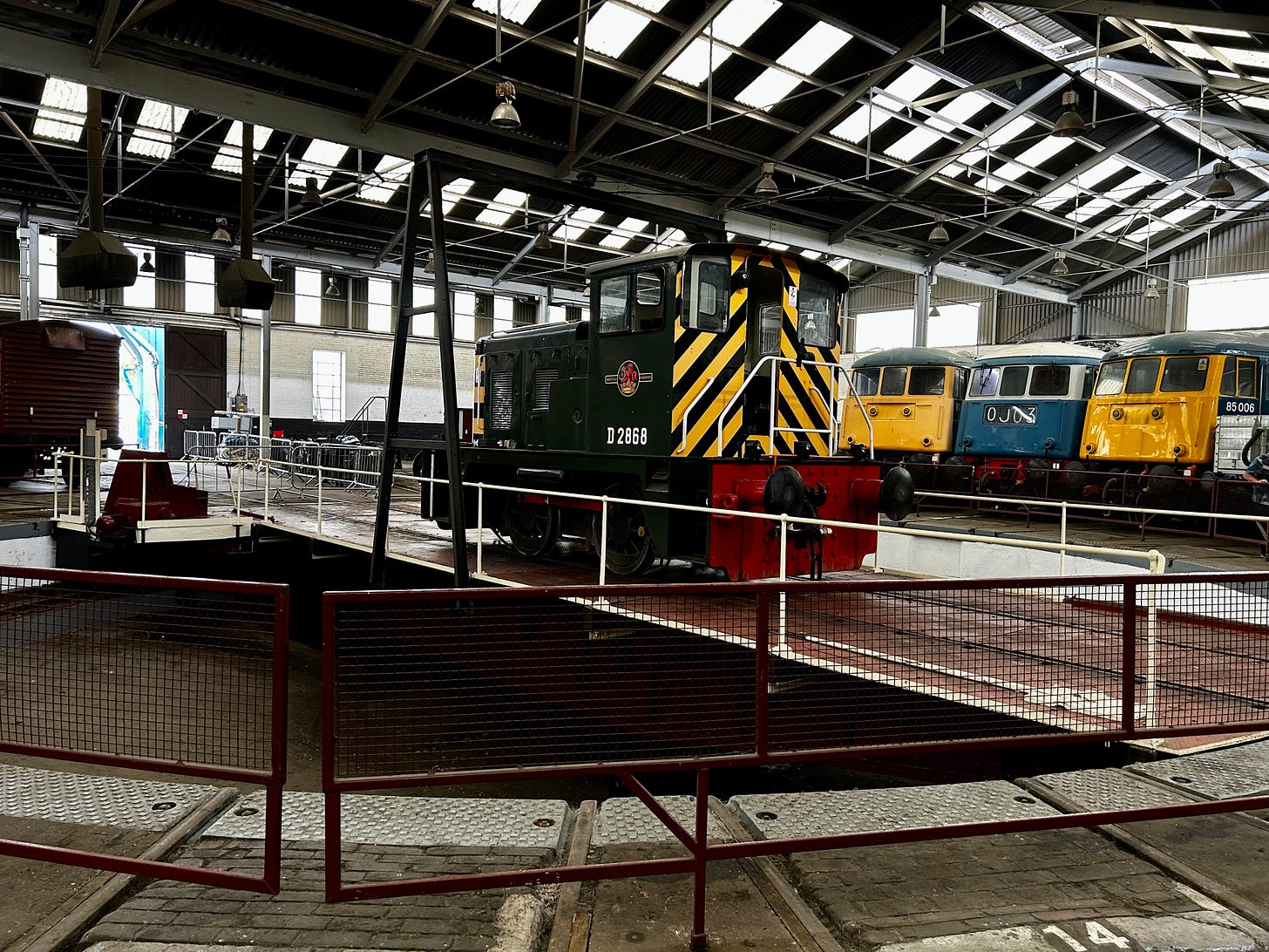 A Class 02 shunter sits on the turntable at Barrow Hill Roundhouse, Staveley, Derbyshire. 