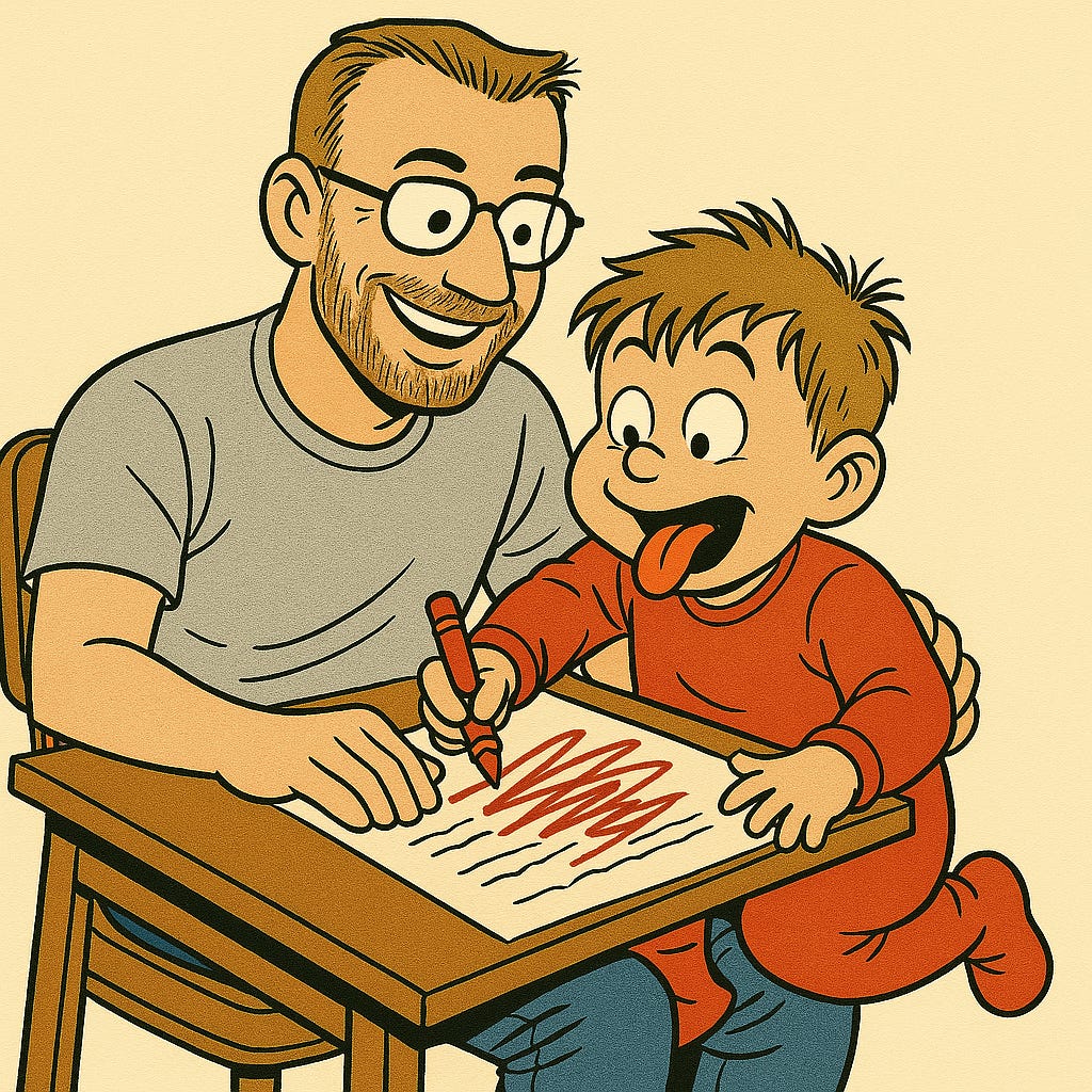 Father and young son sit at a desk; the boy, in red pajamas with his tongue out, eagerly scribbles red ink over a paper while sitting on his dad’s lap.
