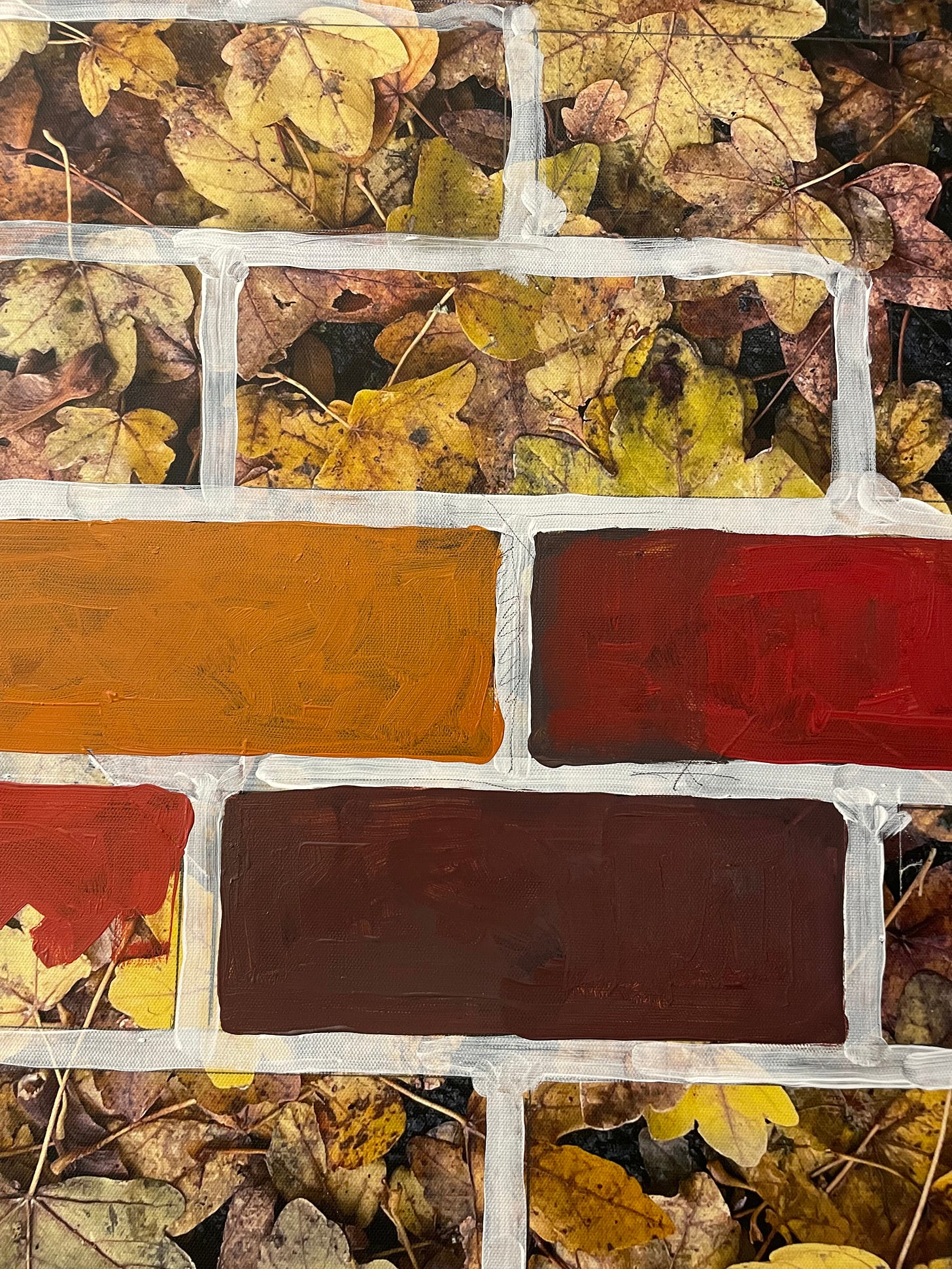 In-progress photo of a painting of bricks.