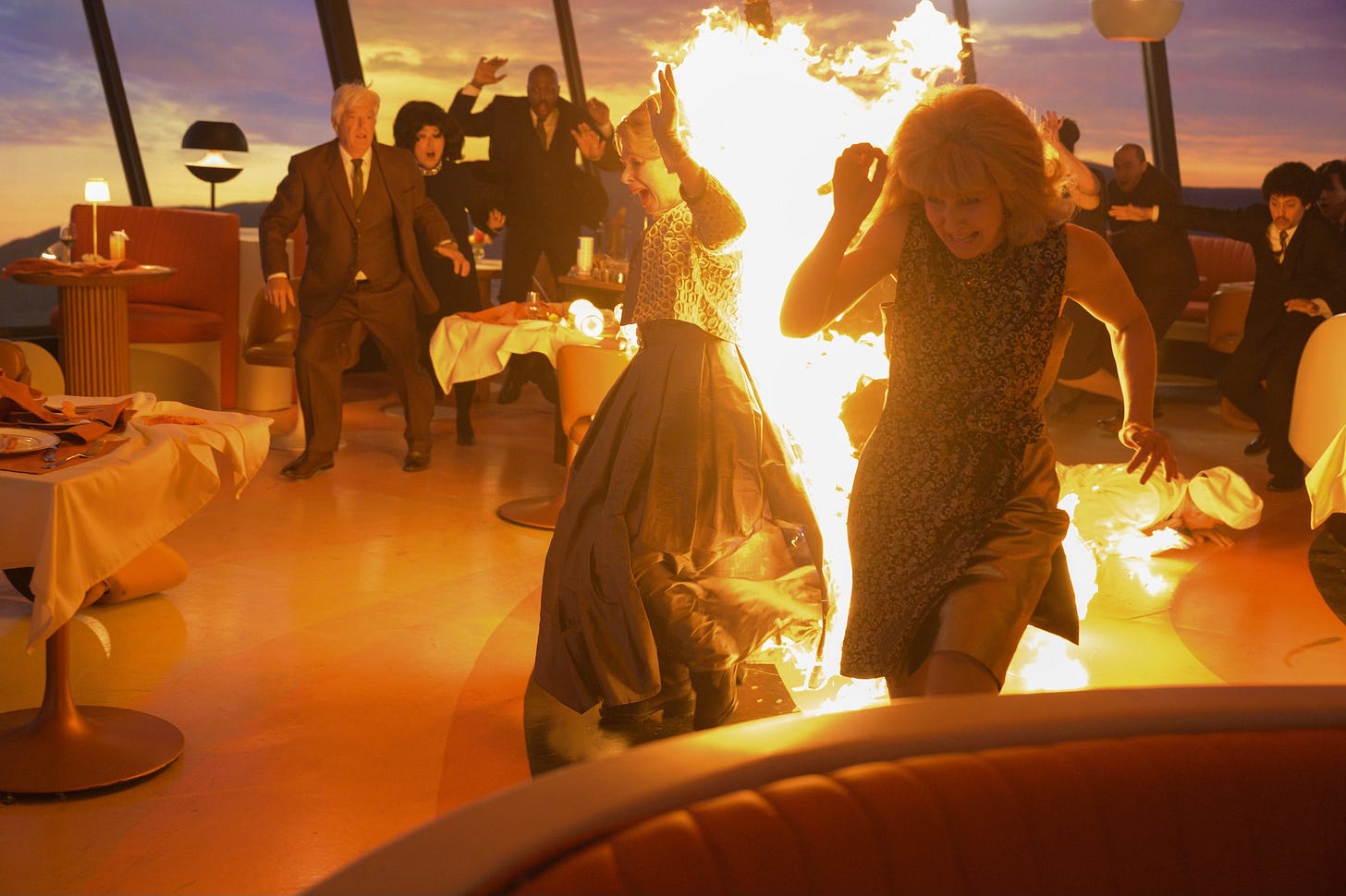 A lady is en flambé at the SkyTower restaurant in Final Destination Bloodlines A lady is en flambé at the SkyTower restaurant in Final Destination Bloodlines