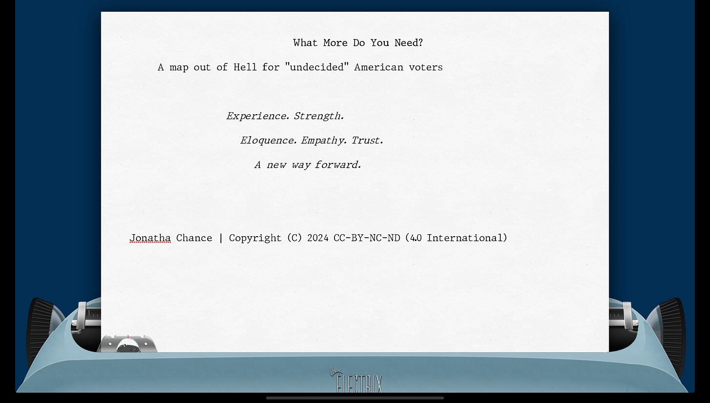 Image of 17 sounds by Jonatha Chance rendered upon the Hanx Electrix virtual typewriter with the Hanx Writer app.