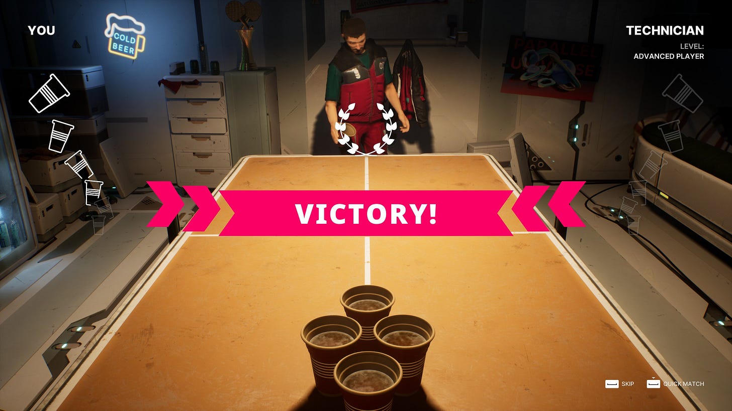 A screenshot of The Alters, showing a game of beer pong in the Social Room and the banner of VICTORY in pink in the middle of the screen. The player character has beaten the Technician, an advanced player.