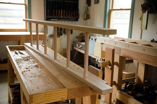 Custom Made Wedged White Oak Ladder On A Woodworking Workbench