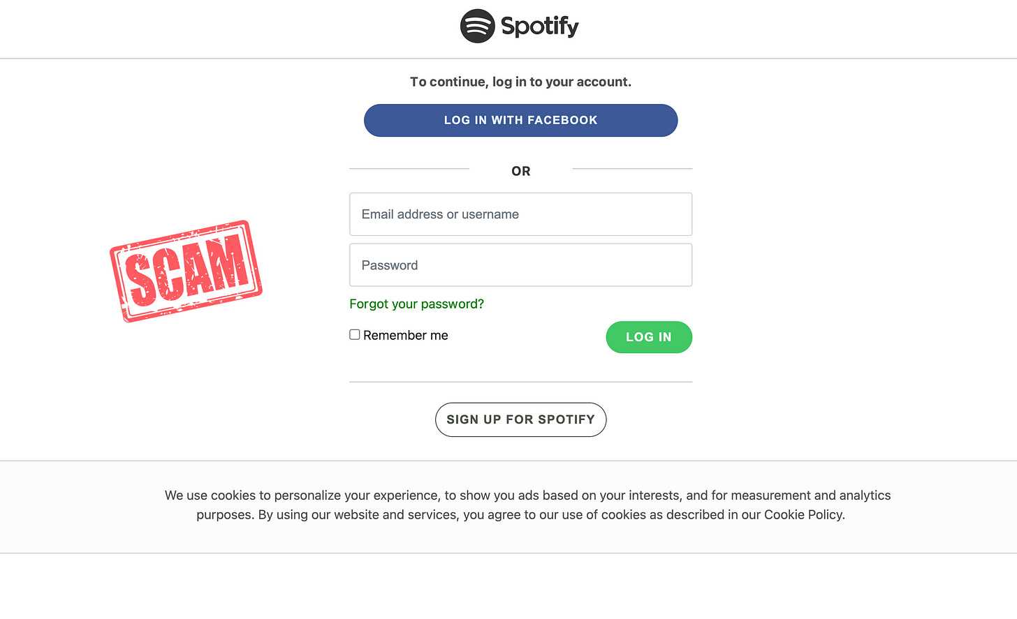 Phishing website asks you to enter your Spotify username and password.