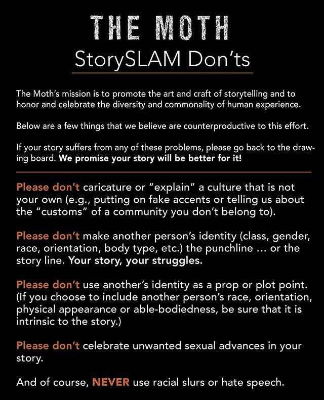 Poster with "don'ts" for storytelling