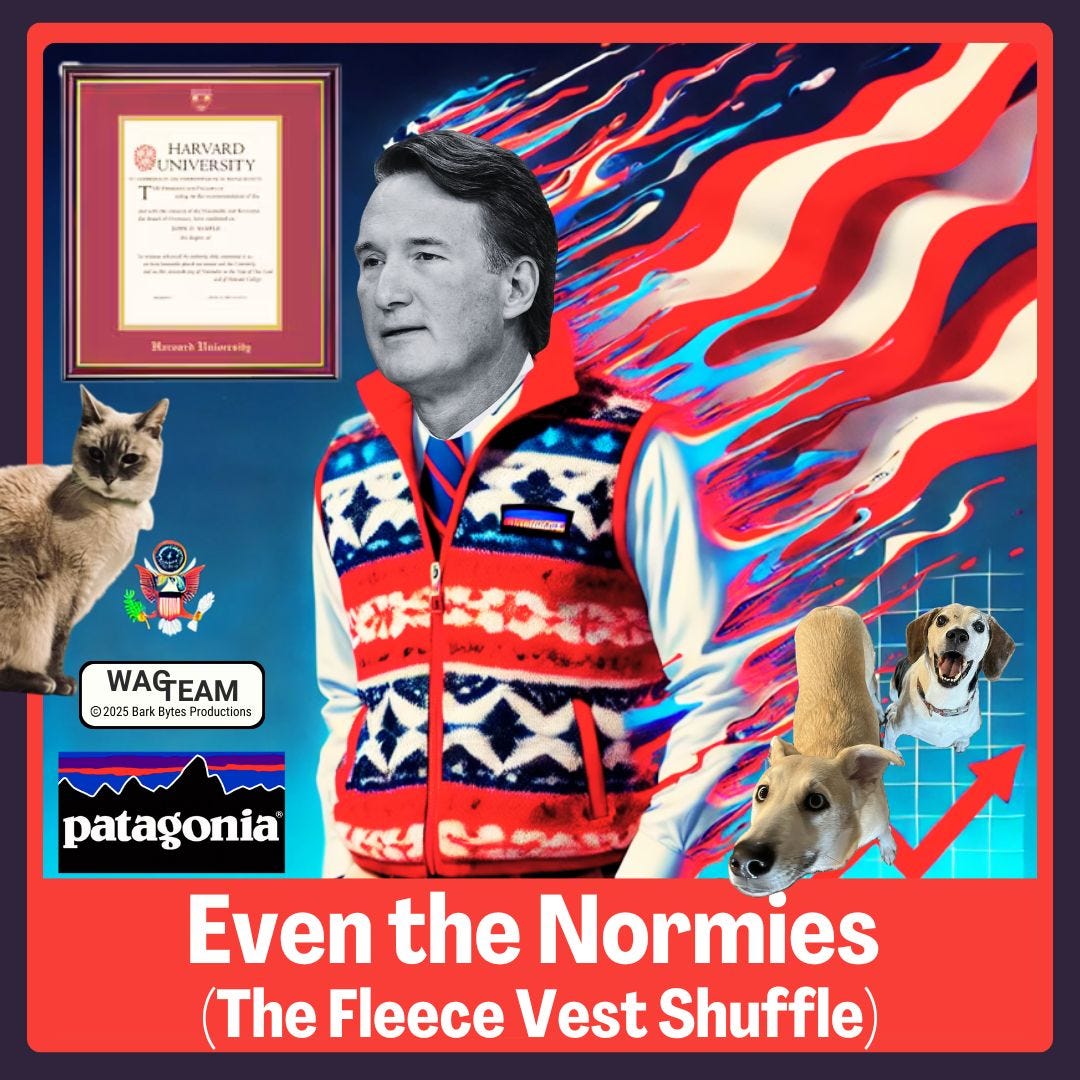 Album cover featuring Glenn Youngkin in a patriotic Patagonia vest against a glitching American flag background, with Harvard diploma, WAG TEAM branding, and concerned pets watching democracy's decline.