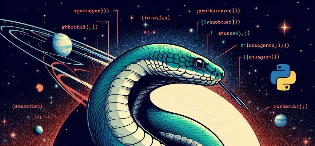 An illustration of a python in space, with code like elements in the background