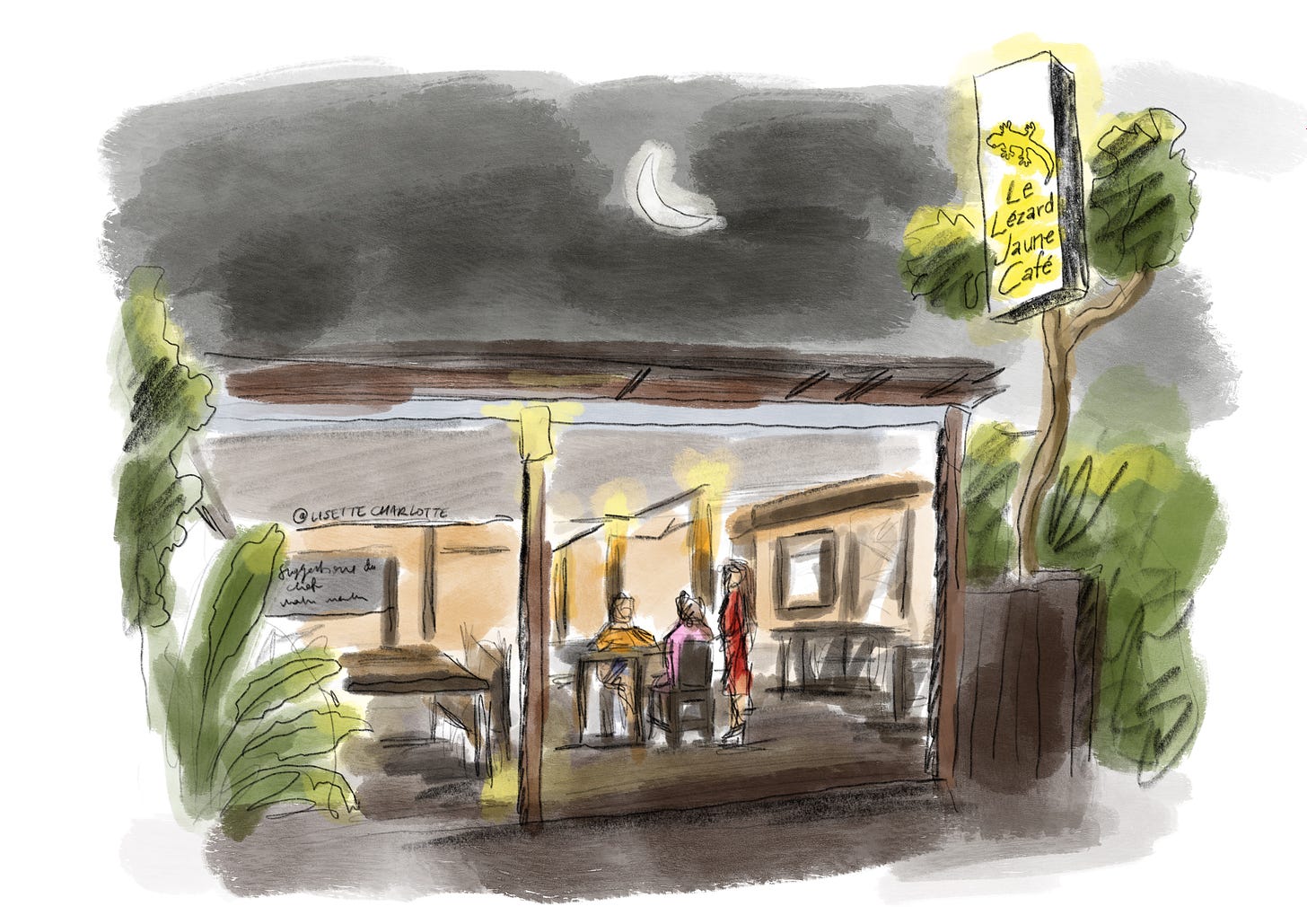 A watercolour and pencil sketch of Le Lezard Jaune Cafe in Moorea