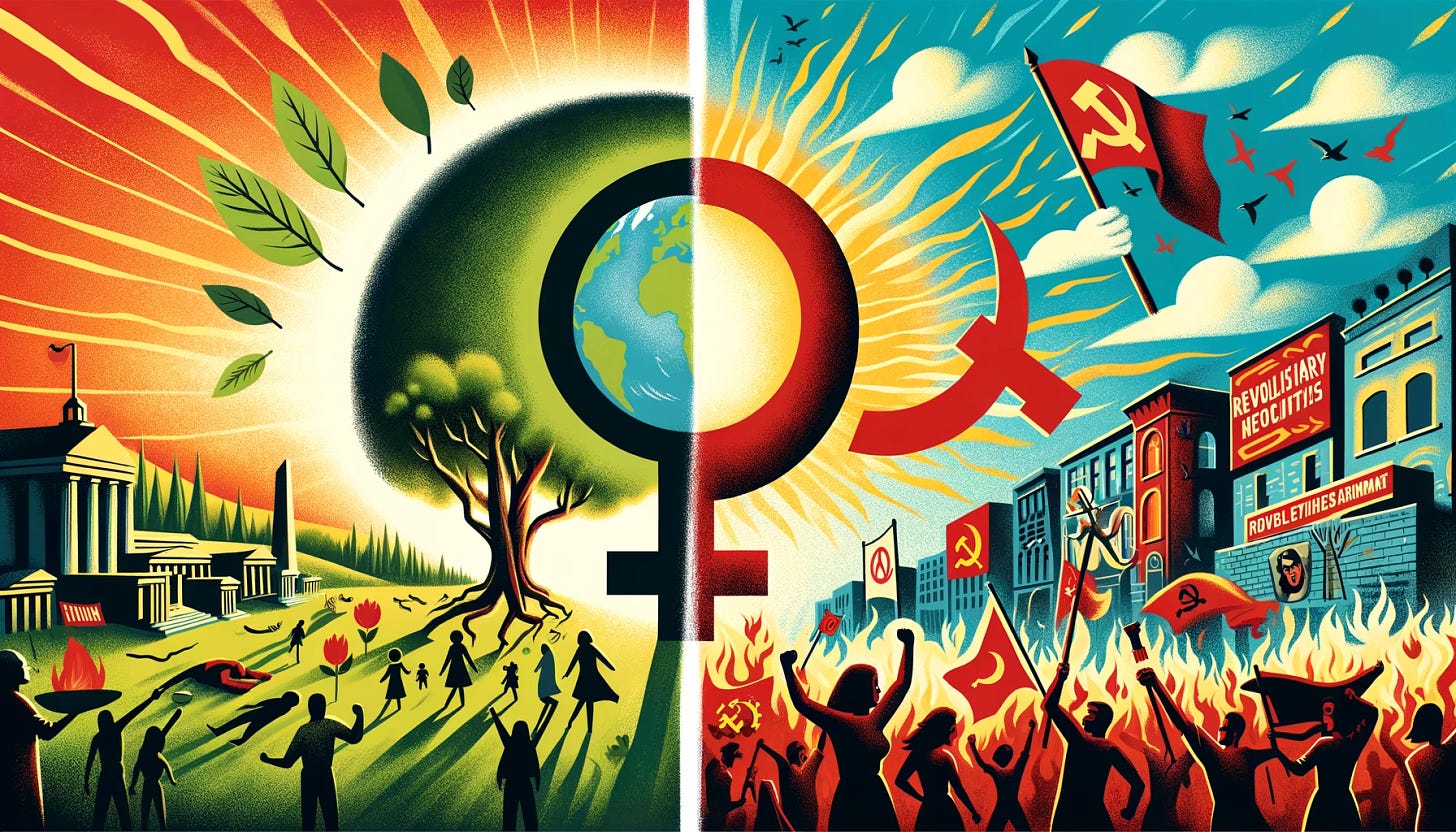 Two-panel image. The left panel is peaceful with symbols of feminism and environmentalism: a Venus symbol, a green Earth, and a tree. The background includes serene nature scenes and people peacefully advocating for women's rights and climate change. The right panel is dynamic, representing the revolutionary left with symbols like a raised fist, a red flag, and a hammer and sickle. The background is vibrant with revolutionary posters, graffiti, and people actively protesting.