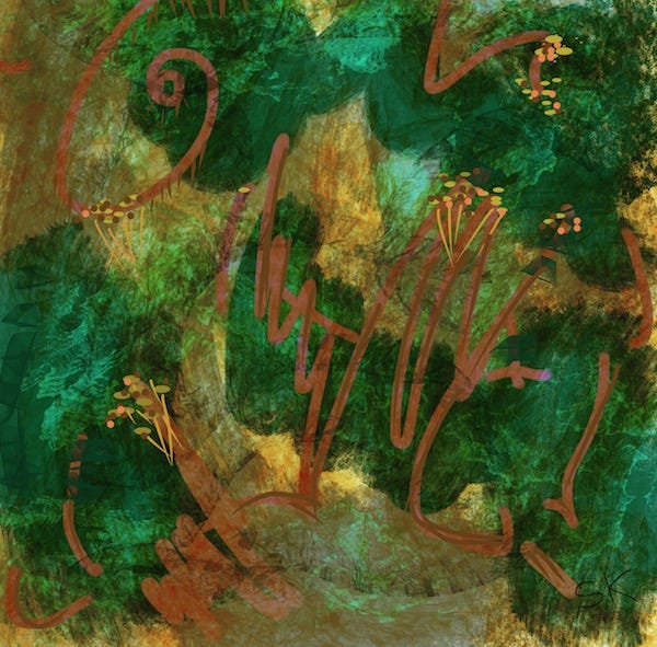 Abstract painting by Sherry Killam Arts, lush green forest with bent and broken branches askew.
