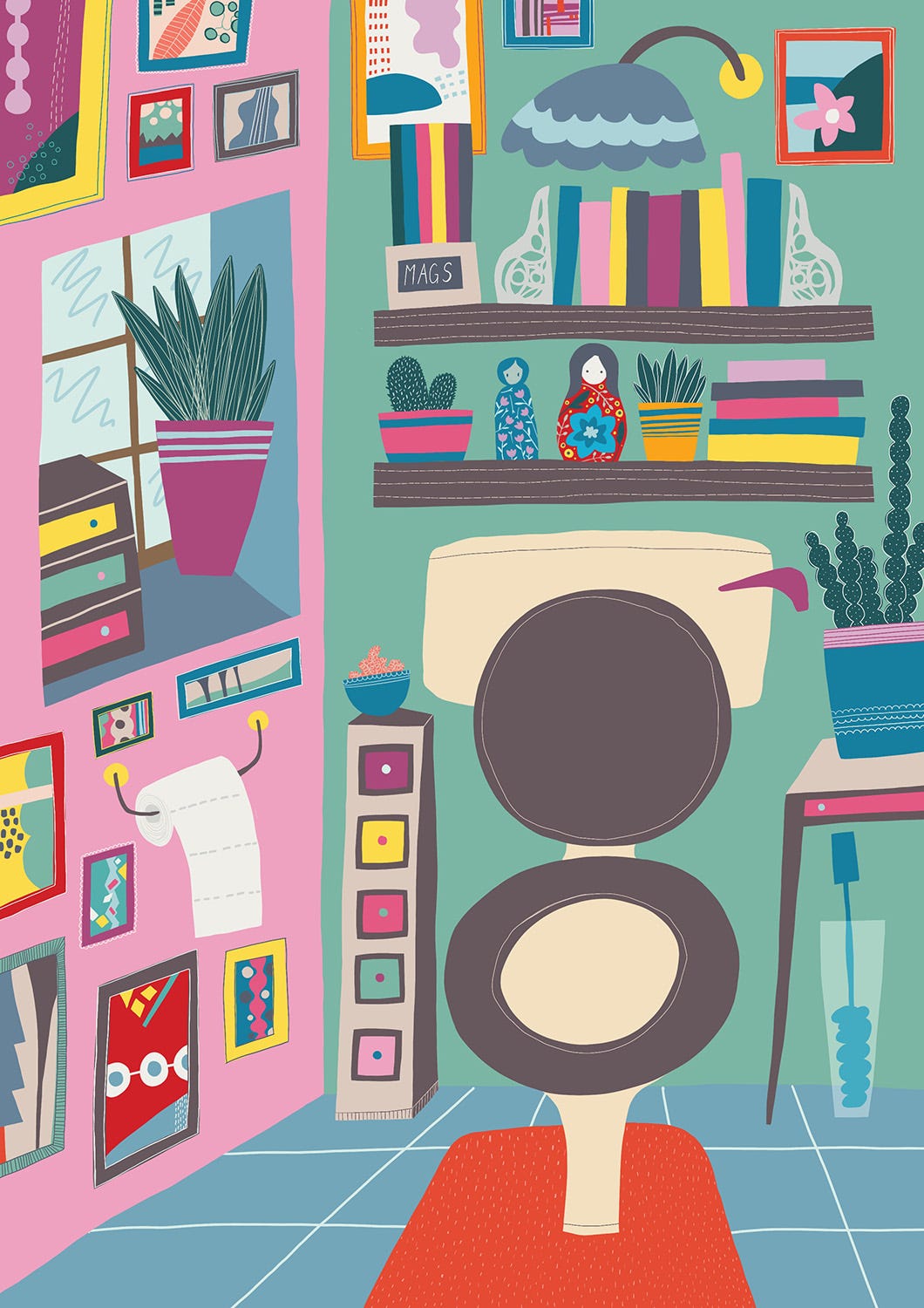 Room illustration: Toilet, including wall art, shelves, house plants, ornaments, drawers, table, window, loo roll and loo brush