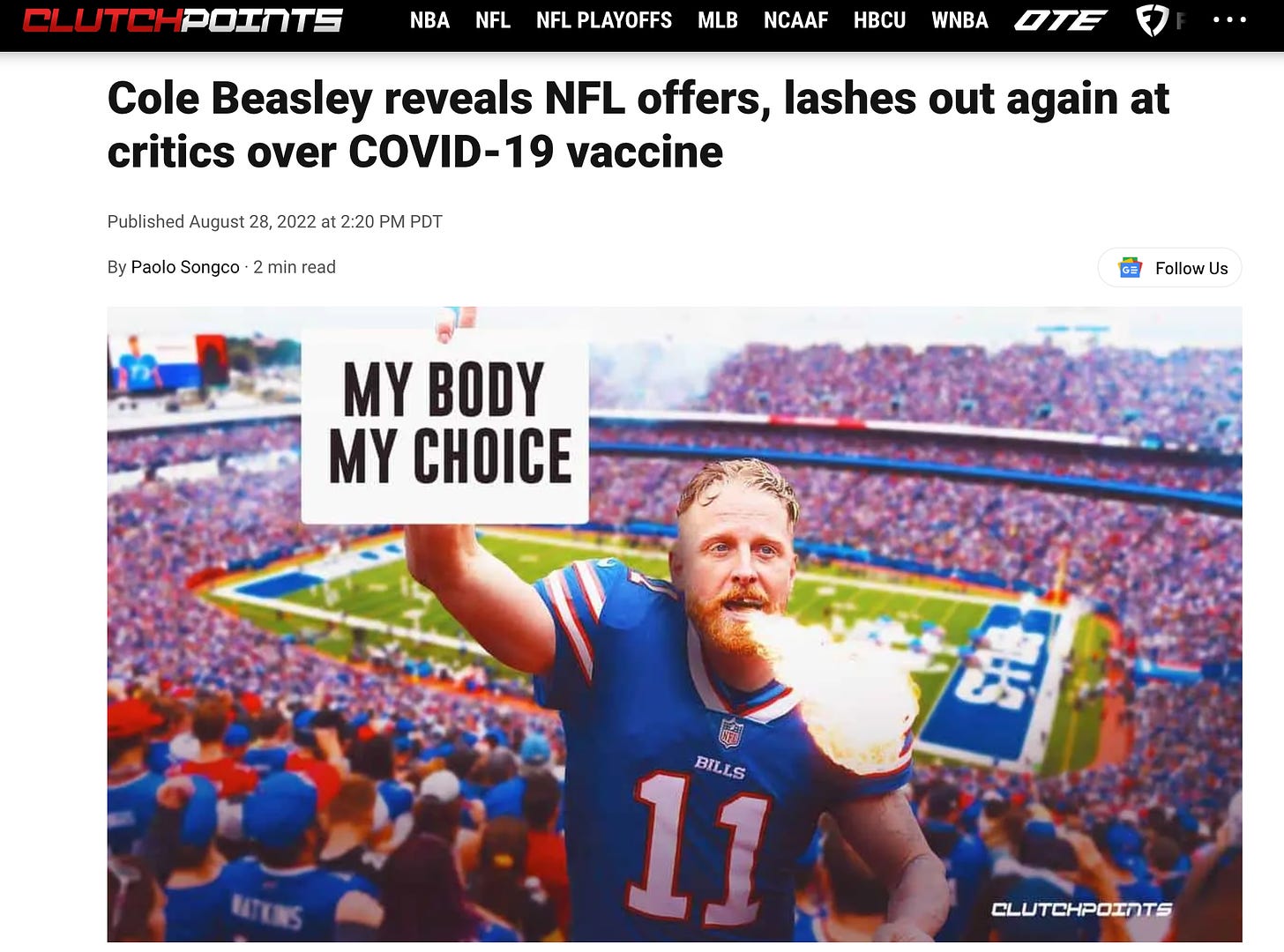 Damar Watch, Day 12: Buffalo Bills Sign Vaccine Choice Heretic Cole Beasley and Apparently We are All Just Going to Memory Hole the 2021 Fascism over the Experimental Injections