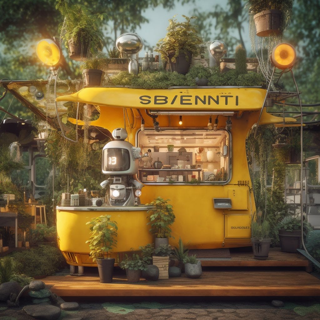award winning photograph, a small solarpunk coffee stall in a floating solarpunk city with a small robot server, solarpunk plants, solarpunk design, kettles, coffee cups, cozy