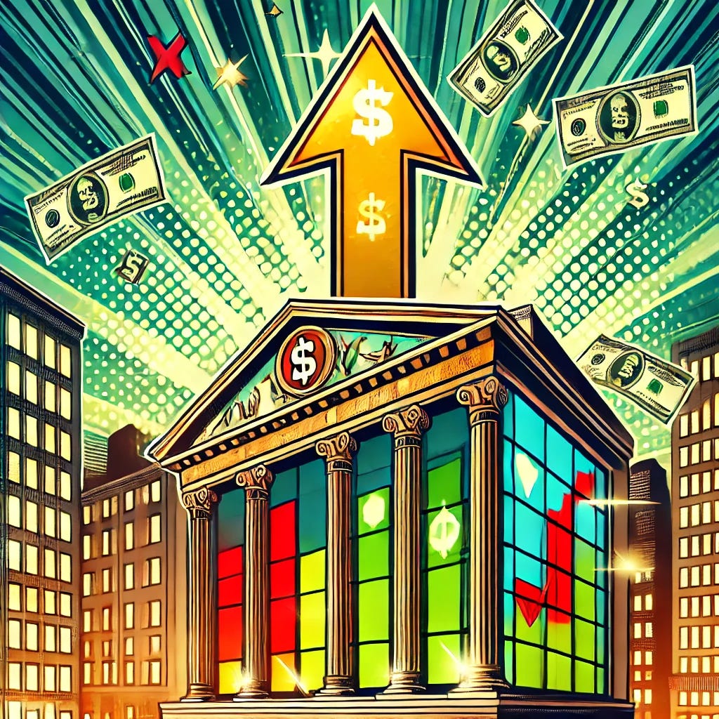 A pop-art style illustration featuring a financial heat map similar to the provided base image, with vibrant green and red blocks representing stock market performance. Overlaying the heat map, a bold golden spotlight shines on a towering bank building, symbolizing financial power. The background shows a lively city skyline at night with glowing windows and scattered dollar bills falling like confetti. A prominent upward arrow graphic crosses the scene, symbolizing growth and success. The design incorporates logos and icons from major financial institutions within the heat map, keeping the overall look professional and engaging.