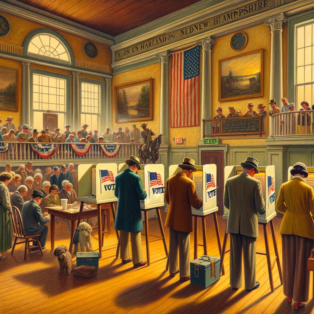 Create an illustration in the style of a 1930s-1940s oil painting for a magazine cover, depicting a voting scene during the New Hampshire primaries, set inside a town hall. The scene should capture the moment of voting, with characters casting their ballots in an interior setting that reflects New England's architectural style. The town hall should have colonial-inspired details, wooden paneling, and a sense of warmth and community. Include elements like a voting booth, ballots, and people in line or casting their votes, emphasizing the democratic process. The focus is on capturing the significance and solemnity of the voting process during the primary, with no animals or text in the image.