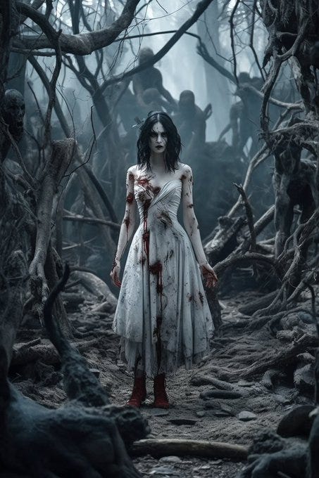 Zombie Snow White wandering through a twisted, cursed forest with red eyes and striking black hair, wearing a ragged, torn dress, surrounded by grotesque, undead woodland creatures, hyperrealistic, 8k Ultra HD --v 5 --q 2 --s 1000 --ar 2:3