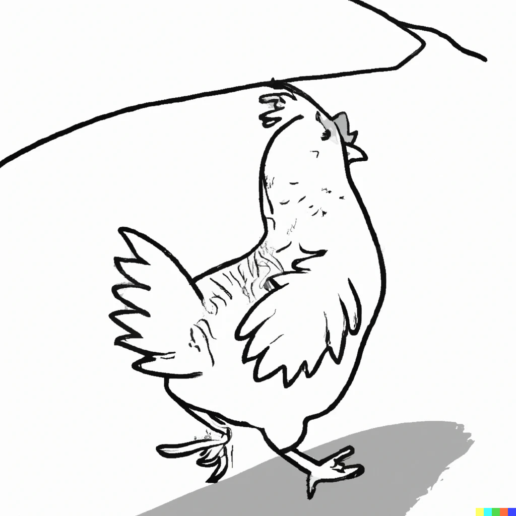 A sketch drawing of a chicken walking down a road