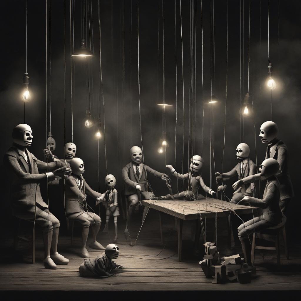 a dramatic scene depicting a puppet master manipulating strings attached to a group of people, symbolizing social engineering, with a dark and moody atmosphere