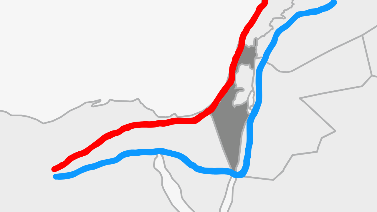 Two different color roads on a map of Egypt and Israel.