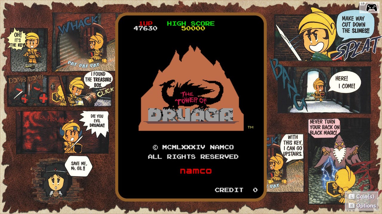 The title screen for The Tower of Druaga shows the standard copyright information, as well as your high score, the internal high score, the game's logo, and the silhouette of a dragon sitting astride it.