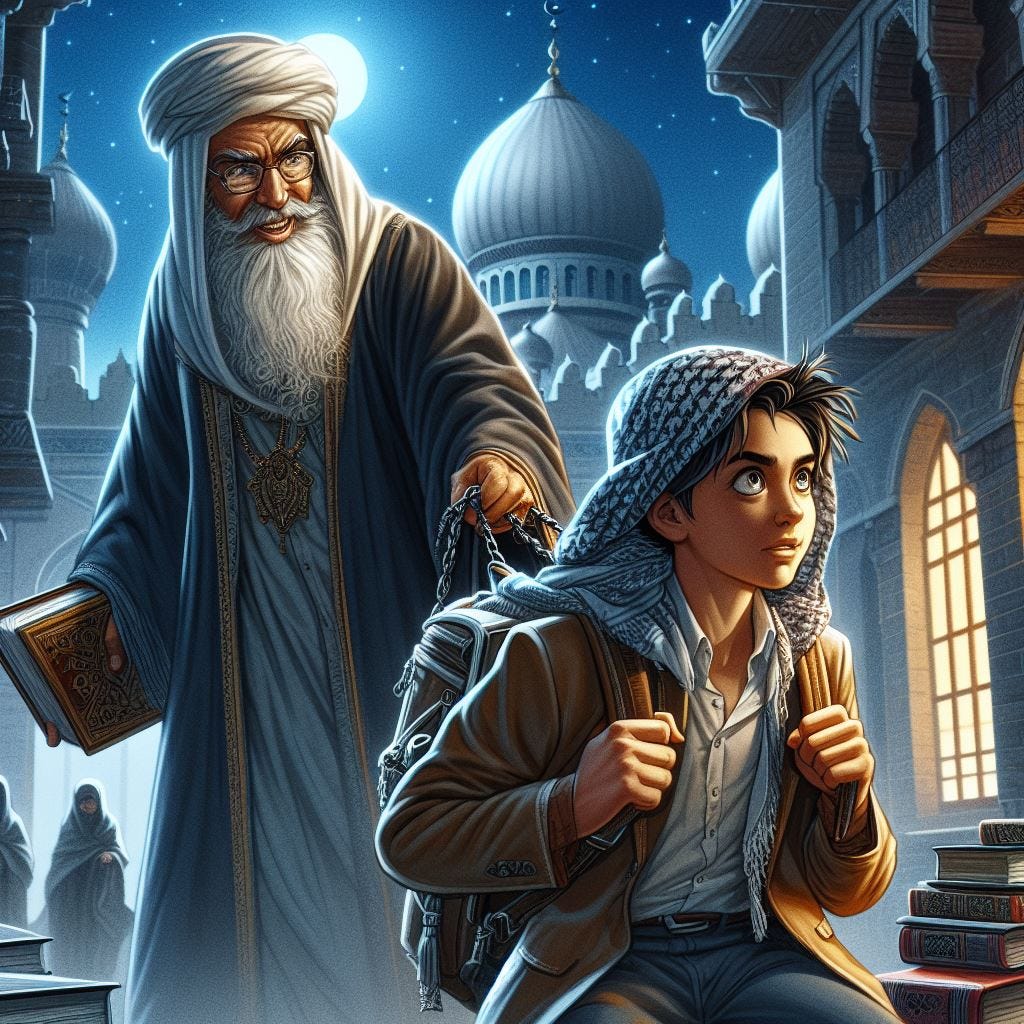 arab schoolboy being pulled away by old professor in school courtyard at night, dungeons and dragons fantasy drawing