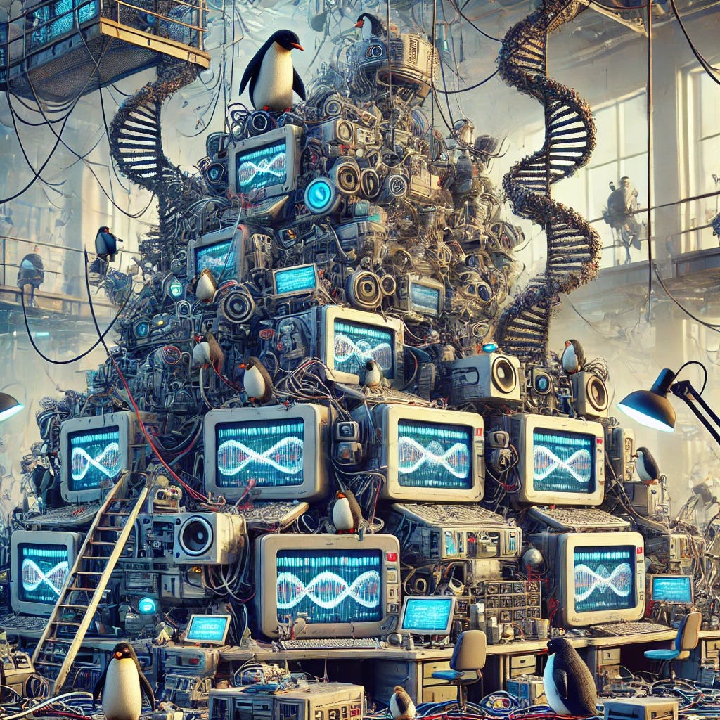 A chaotic and whimsical futuristic laboratory with a large, messy pile of DNA sequencing equipment in the center. The equipment is stacked in a disorganized and haphazard manner, with machines and wires dangling and intertwining, creating a sense of disorder. Several penguins are navigating through the clutter, some climbing over the machines, others peeking through gaps. The lab environment is filled with glowing screens and scientific instruments, enhancing the chaotic yet high-tech atmosphere.