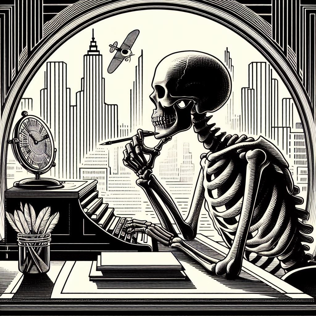 a drawing of a skeleton sitting at a desk in deep thought in art deco style