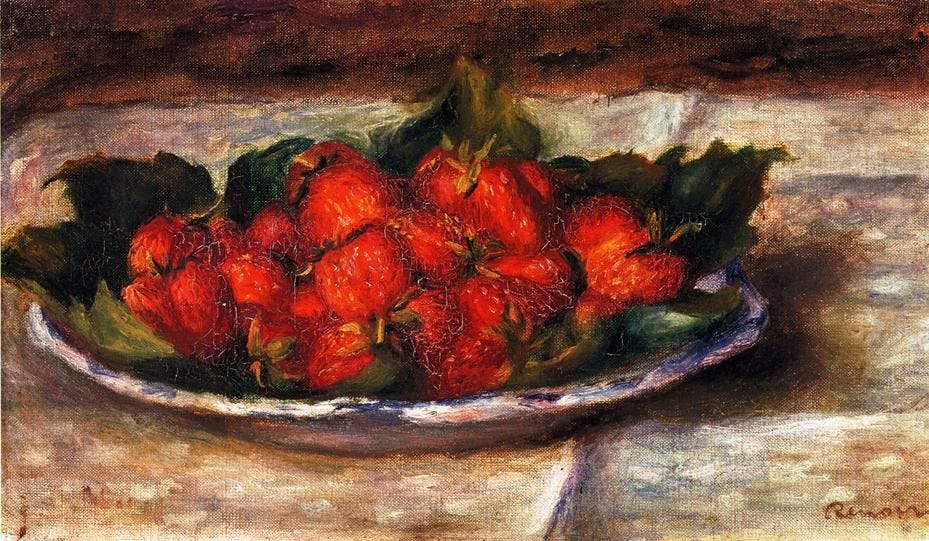Oil painting of strawberries piled on a plate. 