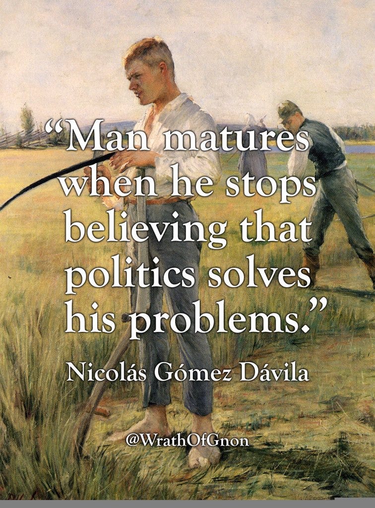 r/monarchism - "Man matures when he stops believing that politics solves " his problems. Nicolas Gomez Davila