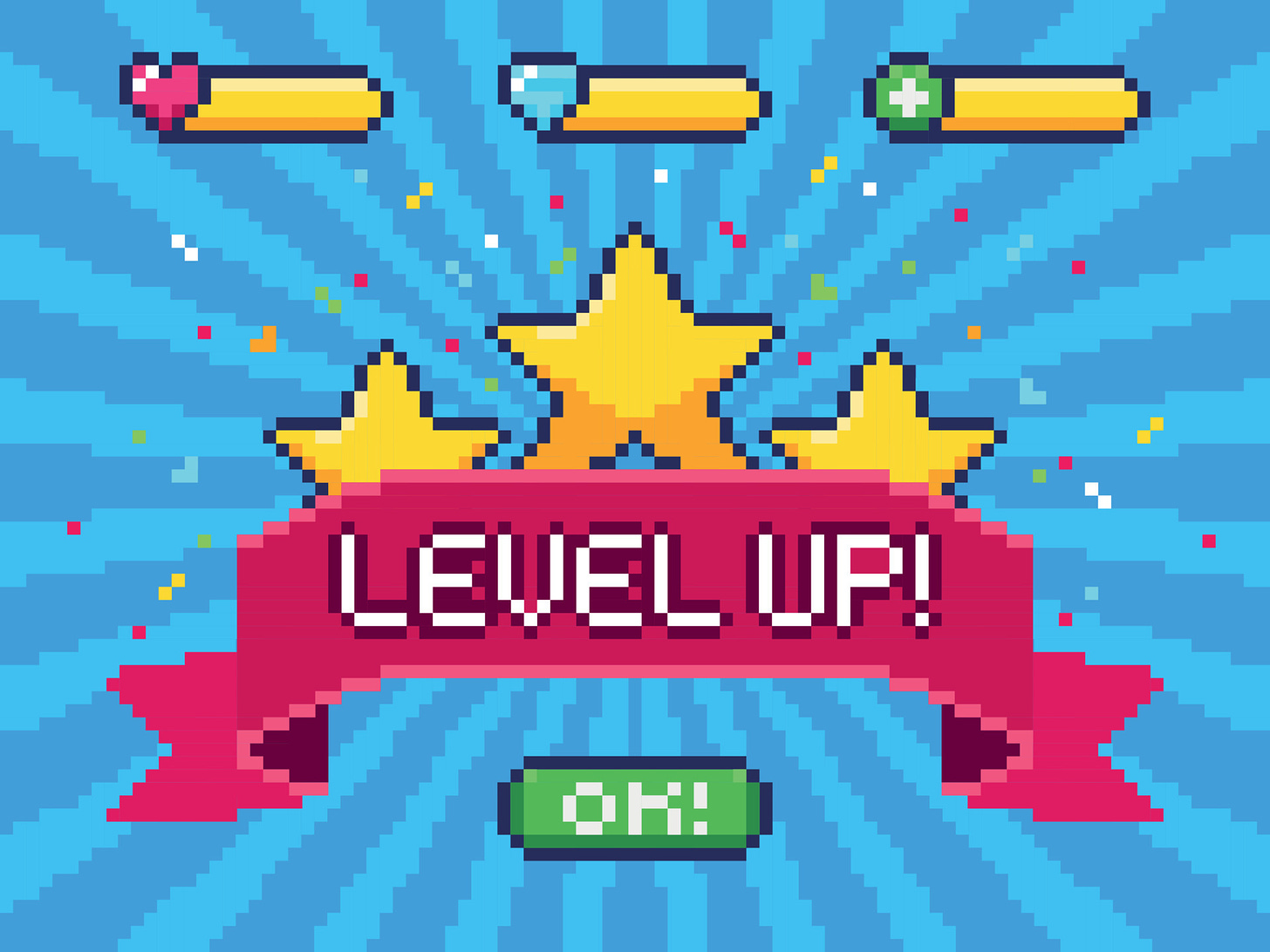 Level Up screen. Pixel video game achievement, pixels 8 bit games ui and  gaming level progress vector illustration 24392663 Vector Art at Vecteezy