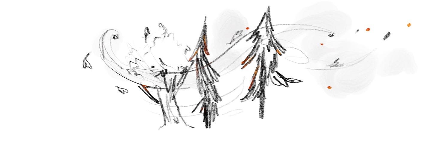 A sketch of breeze blowing through a few trees. There are sparks and smoke in the wind.