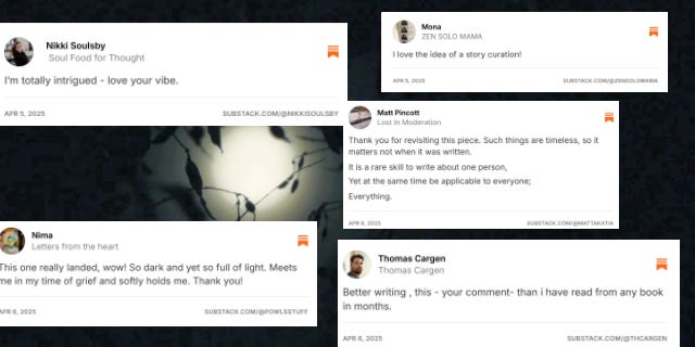 Collage of five positive Substack comments left for Nocturnal Narrator by readers, praising the vibe, writing quality, story curation, and emotional impact of the work.
