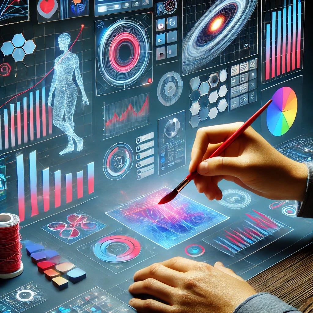 A futuristic user interface composed of various 3D components, such as holographic screens, floating graphs, and interactive panels. A hand is shown using a paintbrush to apply vibrant colors to some of these components, while another hand writes on a different part with a graphite pencil. The scene conveys a creative and dynamic process of designing and modifying a high-tech interface.