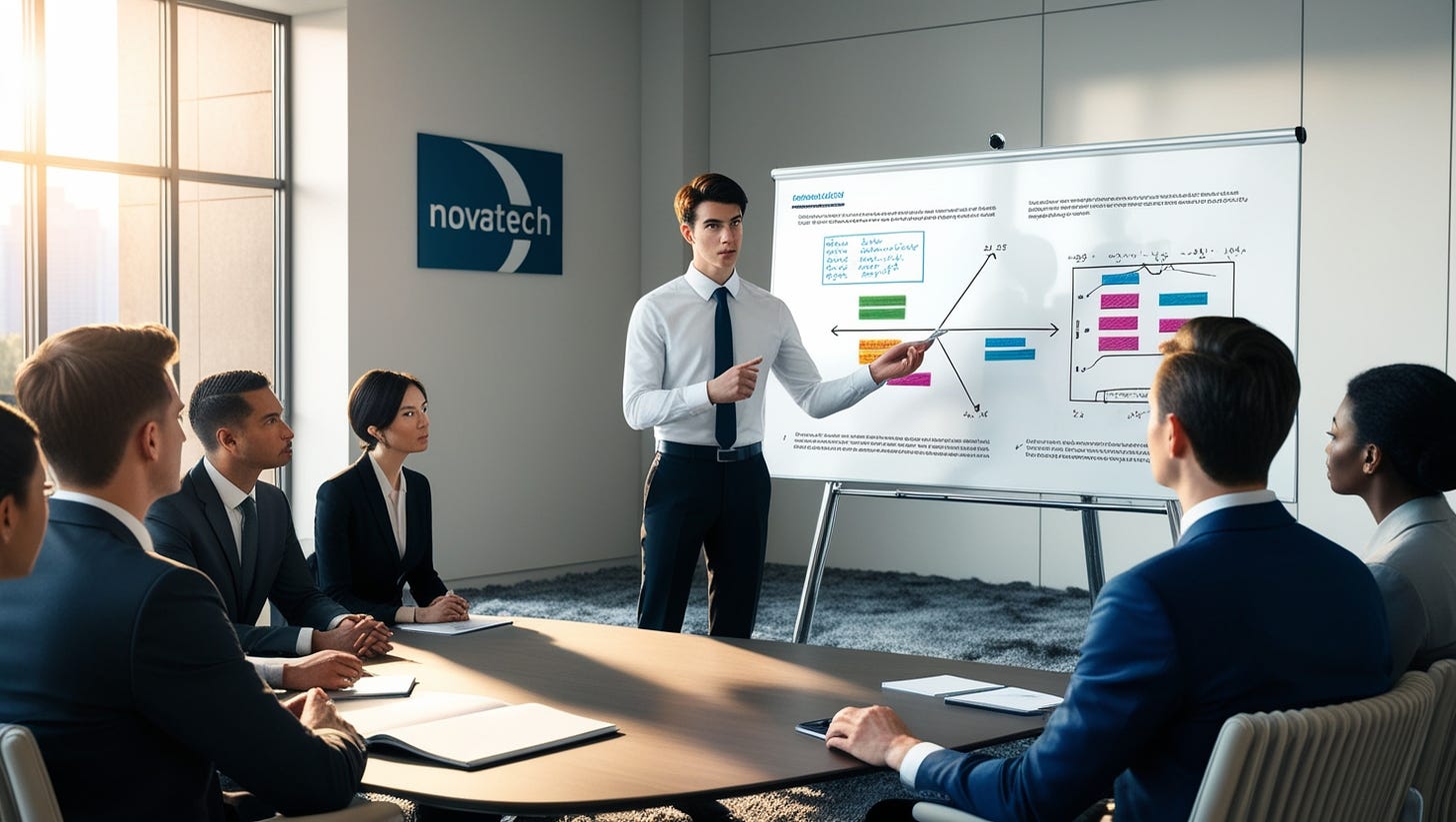 A youthful professional, with short, dark brown hair and a slender build, stands confidently near a modern, sleek wooden desk, surrounded by his attentive colleagues, as he presents a detailed analytical report, holding a sleek, silver pointer in his right hand, gesturing to a complex diagram displayed on a large, whiteboard, adorned with colorful sticky notes and scribbled equations, in a well-lit, contemporary office with plush, gray carpeting and minimalist, cream-colored walls, where the morning sunlight filtering through the floor-to-ceiling windows casts a warm glow, illuminating the serious, focused expressions on the faces of the listeners, with varied skin tones, ranging from light to dark, and diverse hairstyles, from neat, short styles to longer, curly locks, all immersed in the discussion, with the company's logo, a bold, blue "NovaTech", emblazoned on the wall behind them.