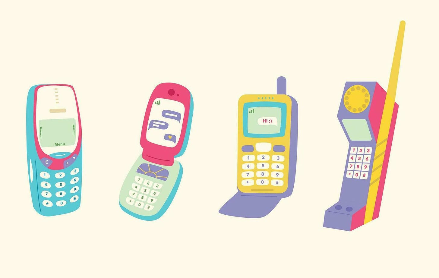 Set with retro mobile phone devices. Mobile phones with buttons. Cute and  stylish from 90s. Hand drawn vector illustration. Vintage electronics. Flip  phone 29694819 Vector Art at Vecteezy