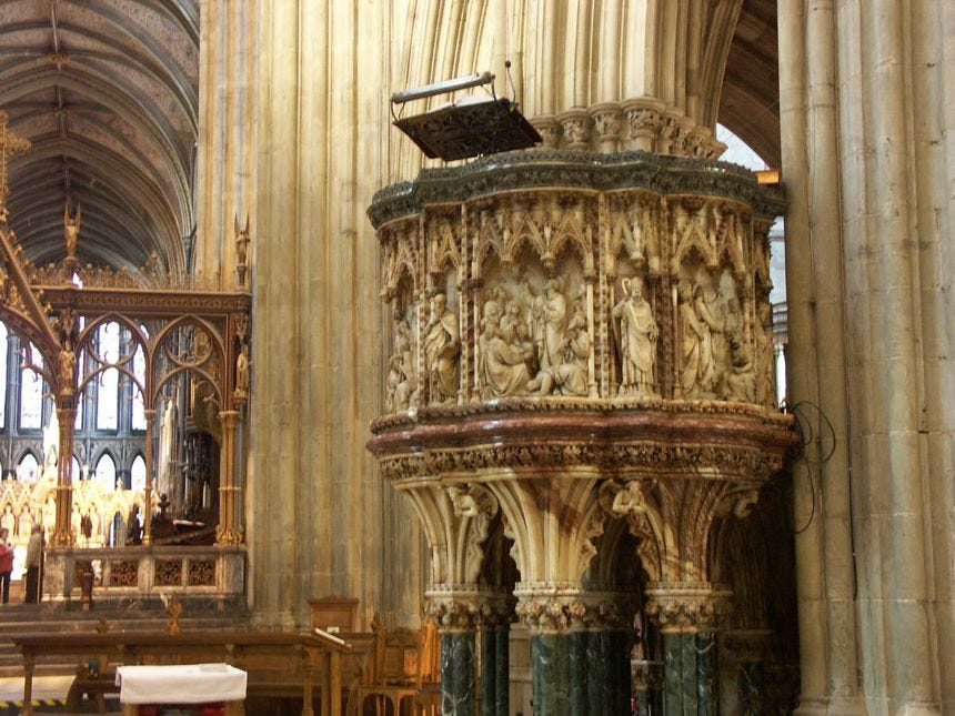 Stone pulpit at Worcester cathedral England
