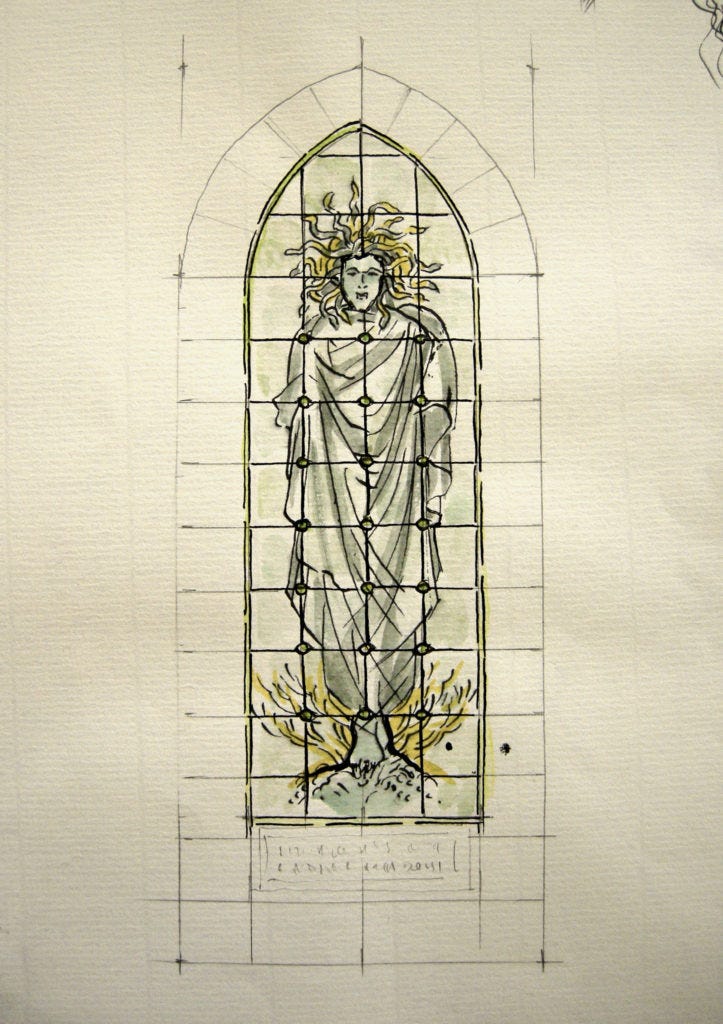 Stained glass sketch of Medusa the Gorgon