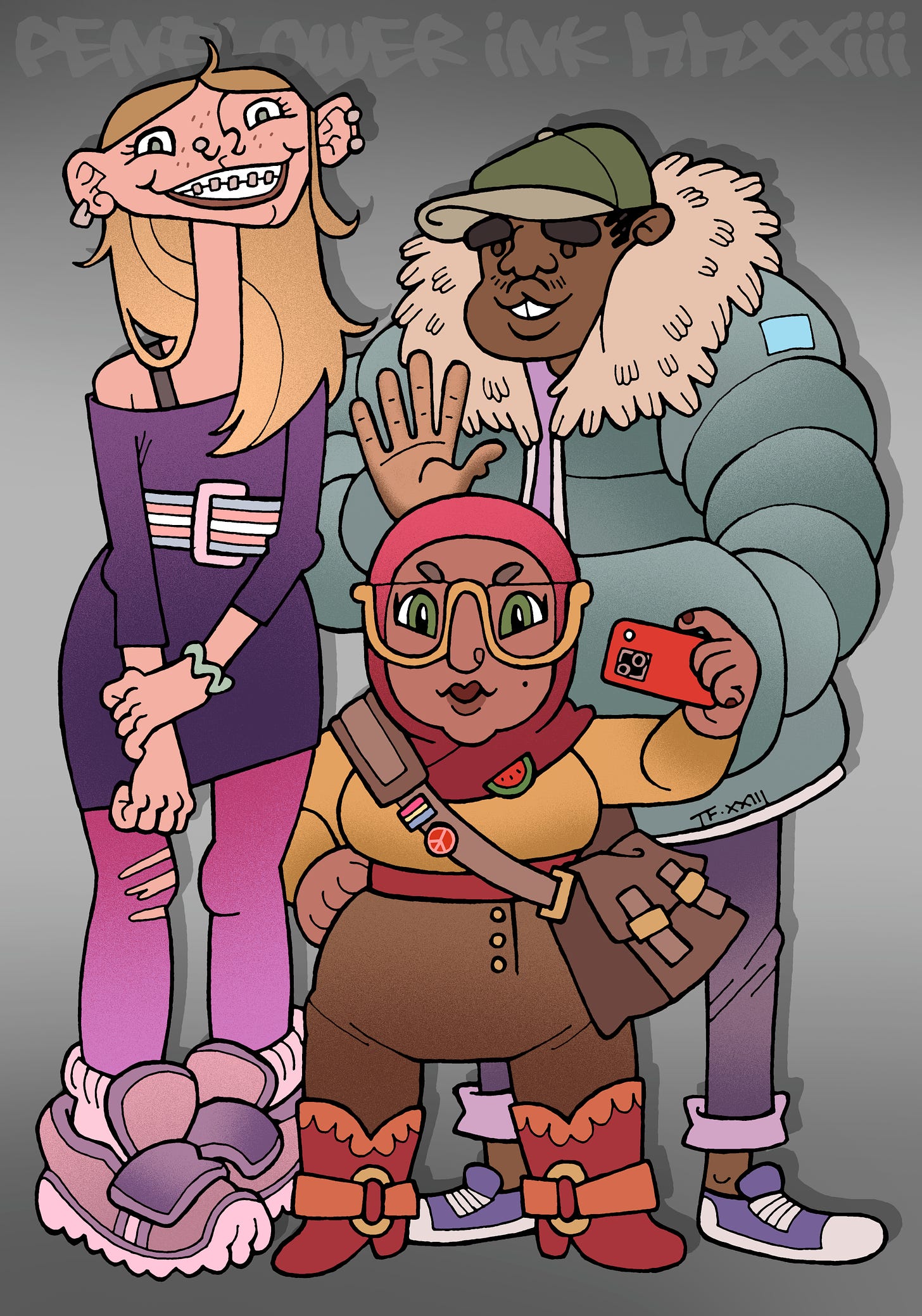 Traditionally hand drawn and digitally coloured illustration of three teenagers, in an exaggerated cartoony style. From left to right, a tall and gangly blonde trans girl with freckles and braces, wearing shades of pink and purple, as well as a nervous grin. A short brown girl wearing a hijab, large yellow framed glasses, red and orange boots and a satchel, holding up a smartphone. A tall black boy with burgeoning facial hair, wearing a baseball cap, puffy jacket with fluffy hood, skinny jeans and trainers.