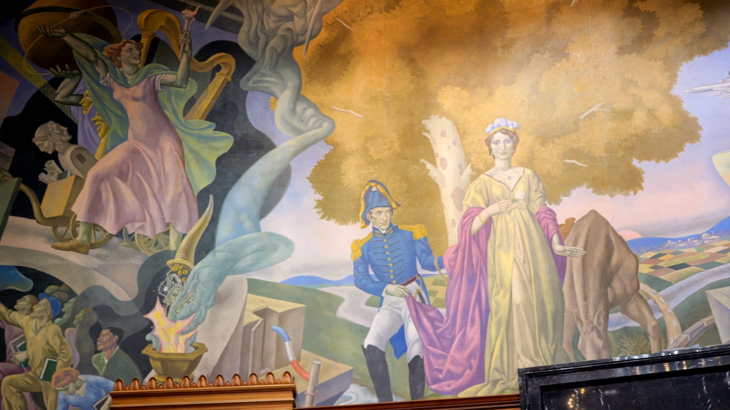 A picture of the mural, The Spirit of Indiana, by Eugene Savage, circa 1963