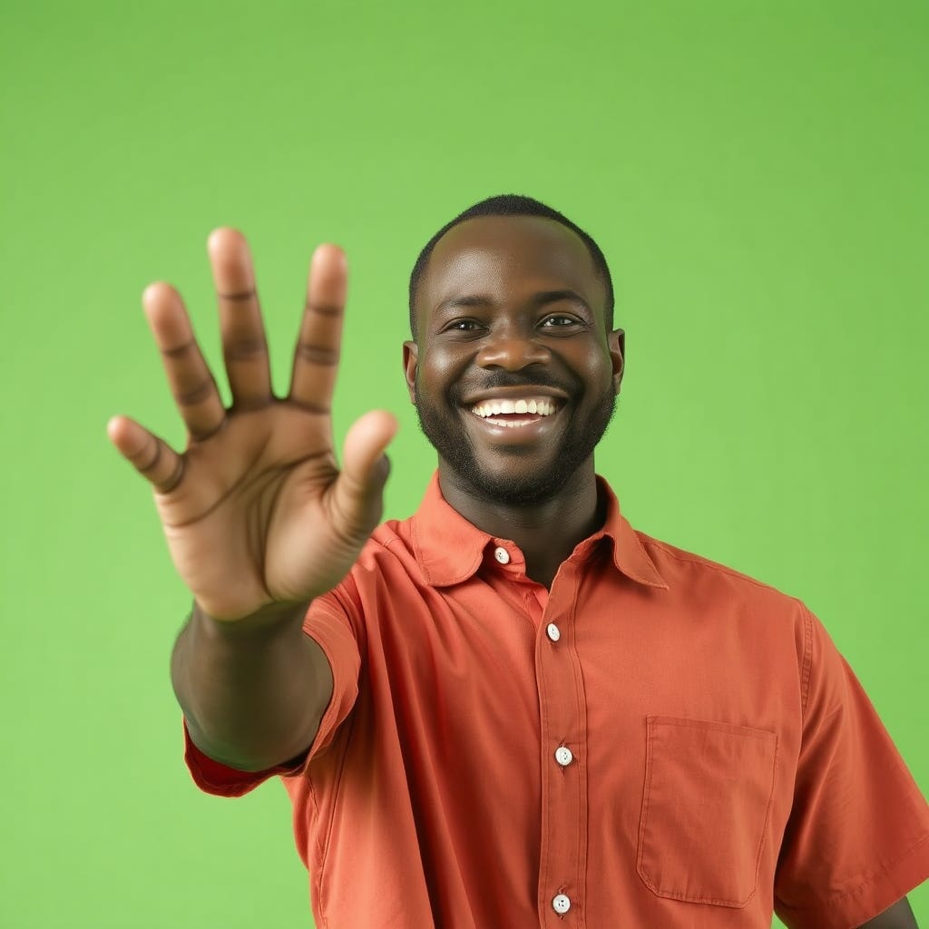 A happy 40 year old black American man wearing a shirt in vibrant colors, giving a high-five on a plain green background.