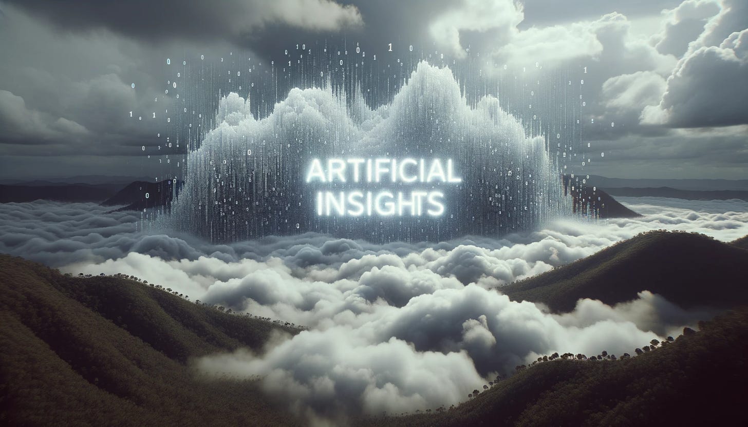 Photo capturing a surreal scene where a dense digital fog composed of ones and zeros envelops a landscape. Within this fog, the words 'ARTIFICIAL INSIGHTS' shine brightly, seemingly floating.