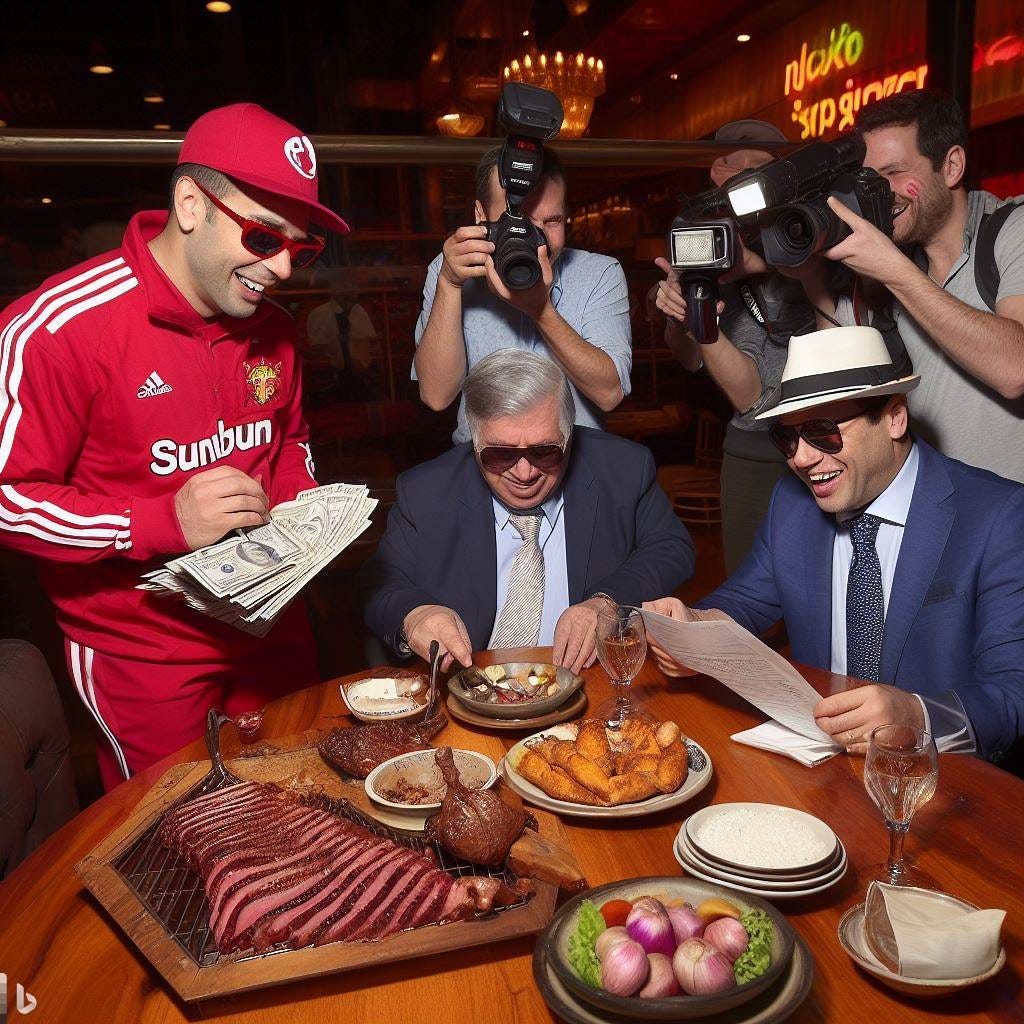 Paparazzi photo of the corrupt league commissioner placing a rigged bet and losing his entire ticket. The winner, Sunbun, is off to the side, cheering for his correct predictions. Inside a brazilian steakhouse in Brazil.