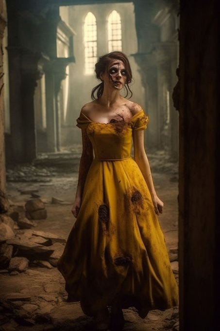 Zombie Belle, angry and scary, wandering through a decaying, haunted version of the Beast's castle, with red eyes and striking brown hair, wearing torn yellow dress, clutching a withered rose in her fist, in a macabre, Gothic atmosphere, hyperrealistic, 8k Ultra HD --v 5 --q 2 --s 1000 --ar 2:3